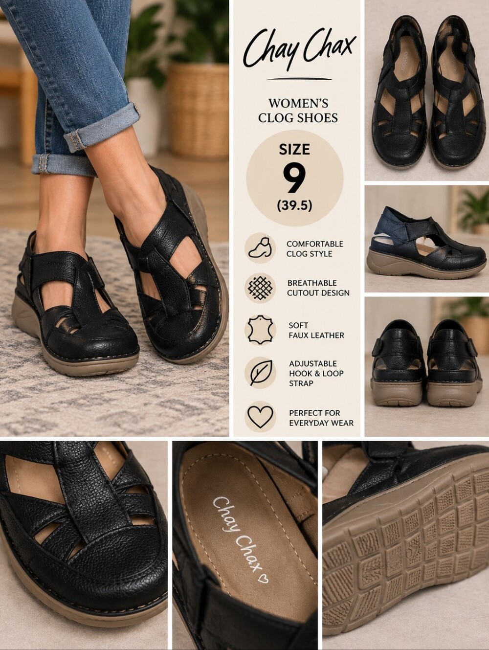 Chay chax women's size 9 black clog shoes #37